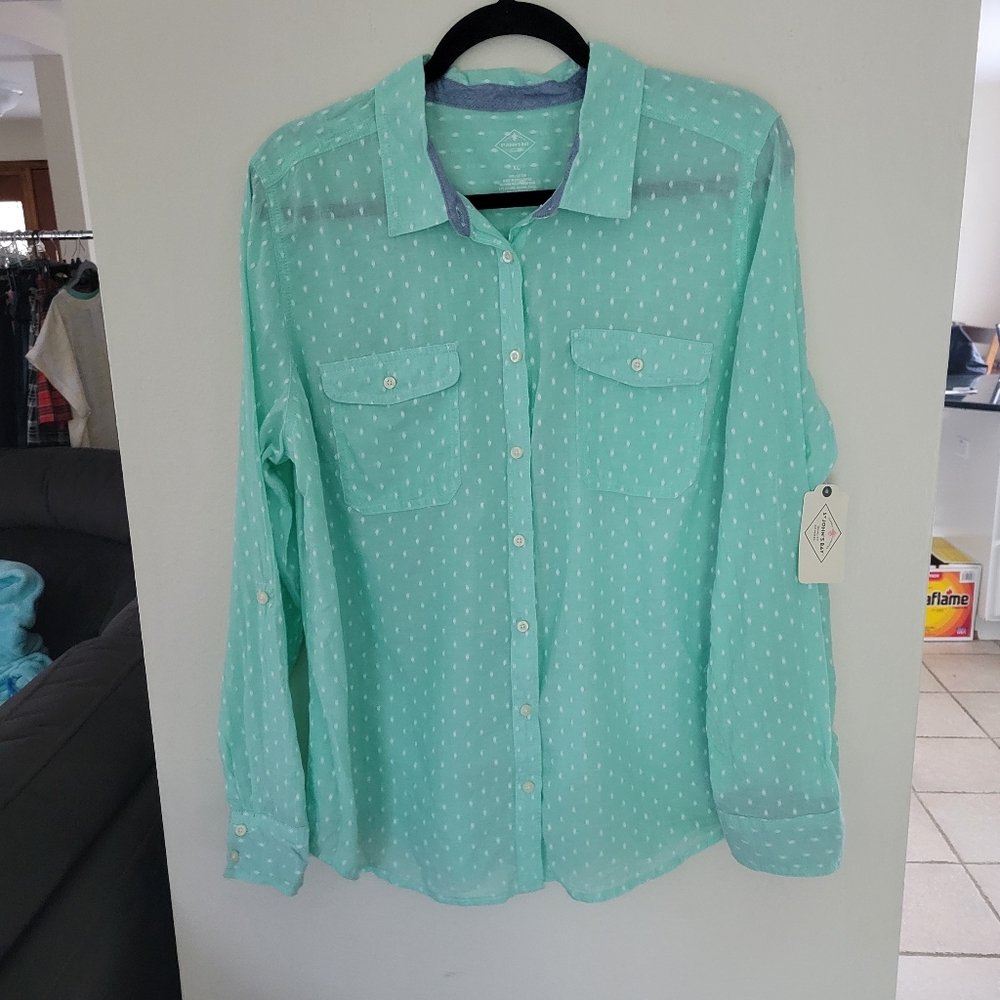 St John's Bay Women's Casacde Green Dot Long Sleeve, 100% Cotton Size XL